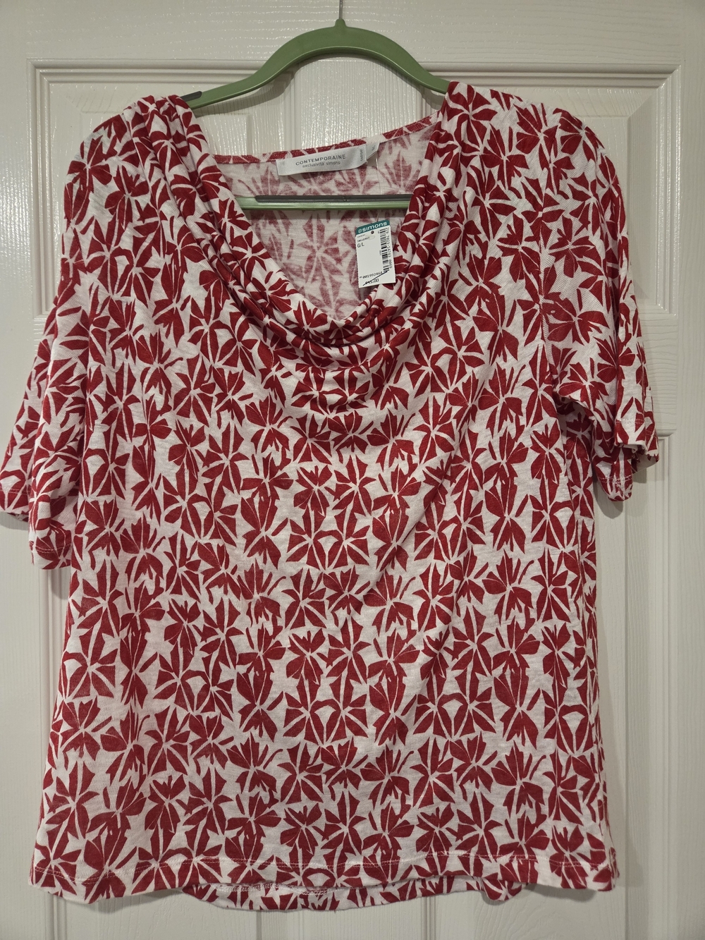 Contemporaine Simons 100% Linen Cowl Neck Top Red Floral L